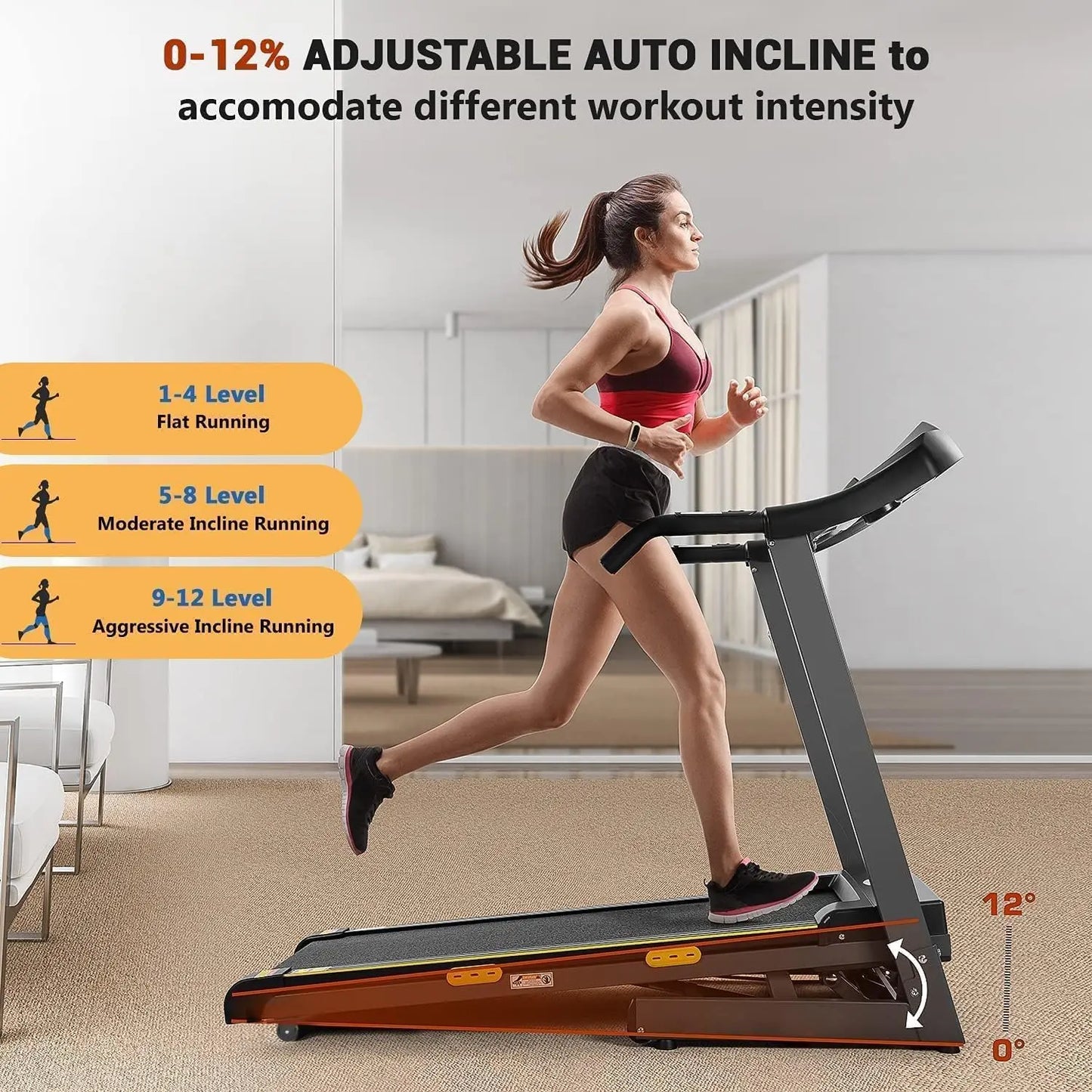 Auto-Incline Folding Treadmill: 2.5HP, 8.5 MPH, 17" Wide, 15 Programs