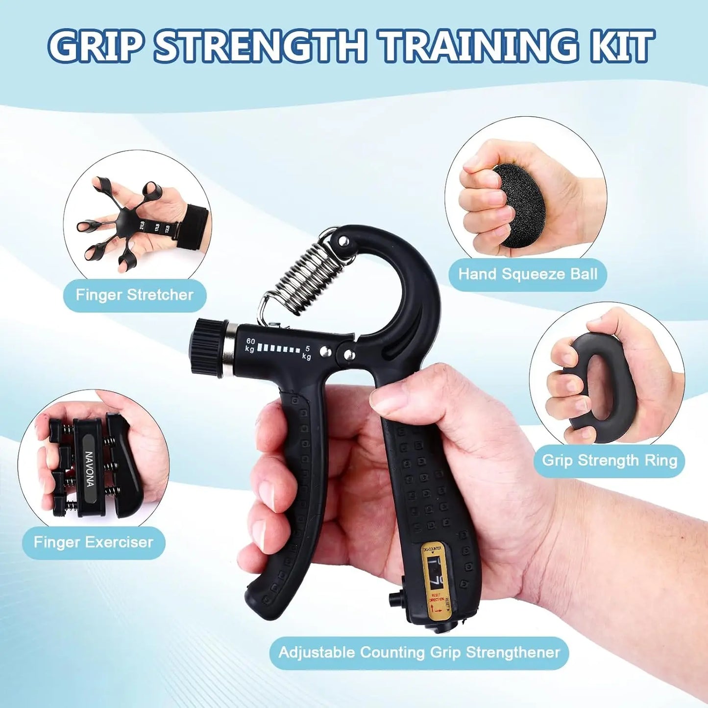 Grip Trainer Kit – Adjustable Hand Gripper, Finger Exercisers, Stress Ball & Forearm Ring for Strength Training