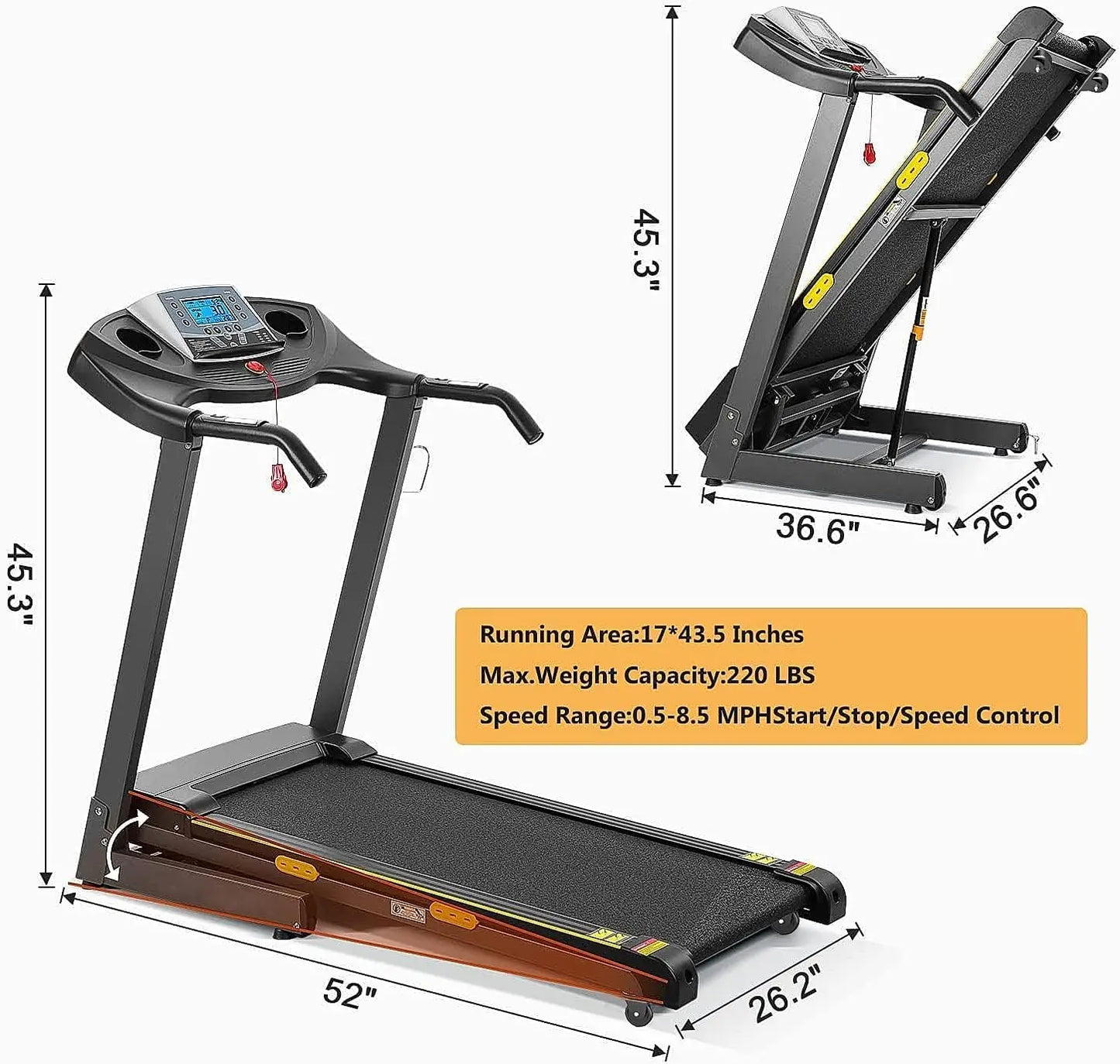 Auto-Incline Folding Treadmill: 2.5HP, 8.5 MPH, 17" Wide, 15 Programs