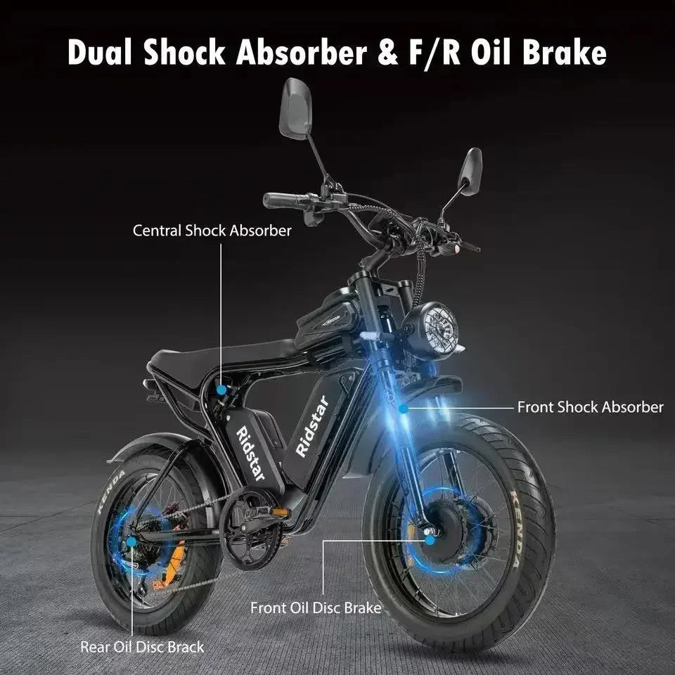 2000W Dual-Motor Fat Tire Ebike: 52V 40Ah Dual Battery, Ideal for Mountain and Motorcycle Use.