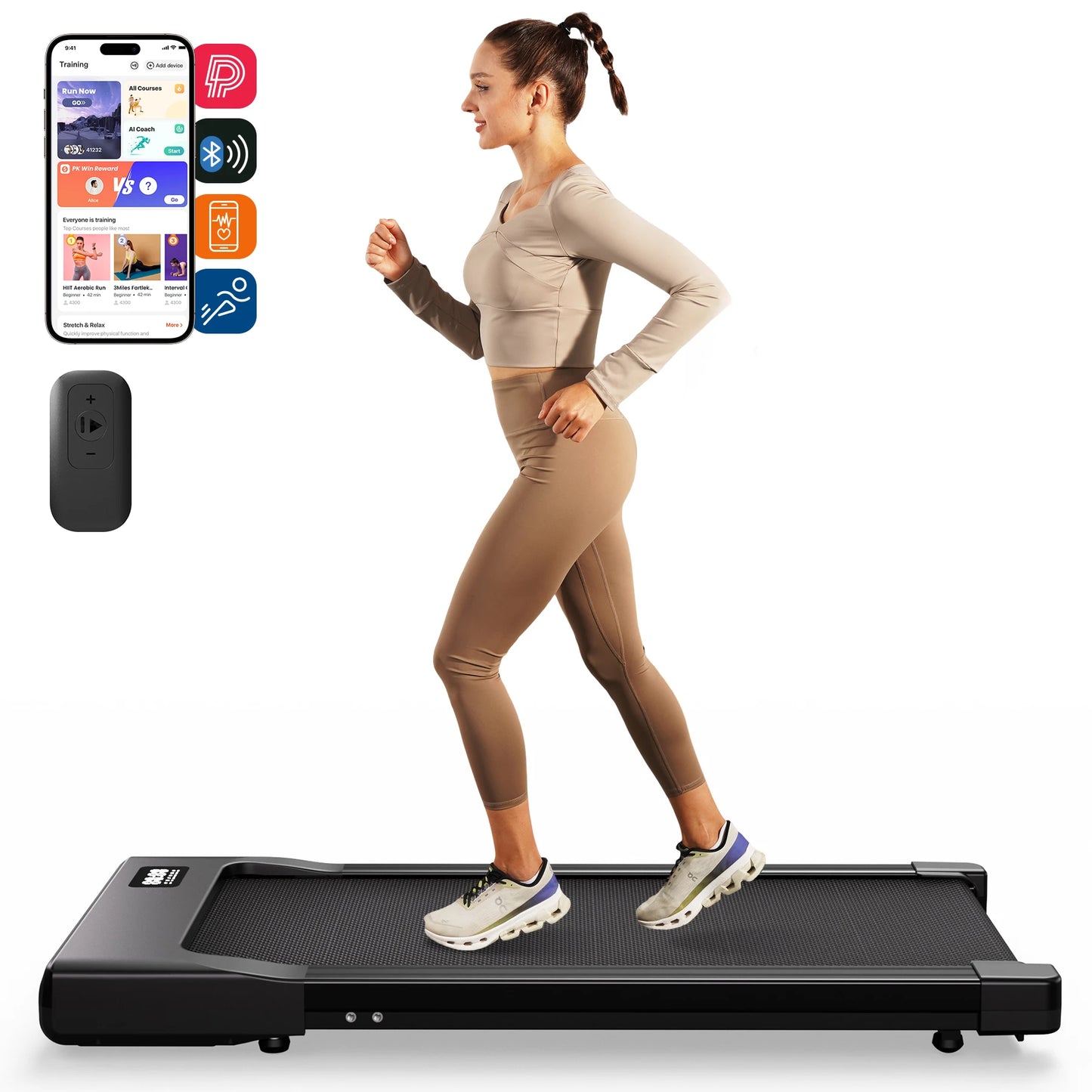 Under desk treadmill: 2.5HP motor, remote, LED display. Home/office.
