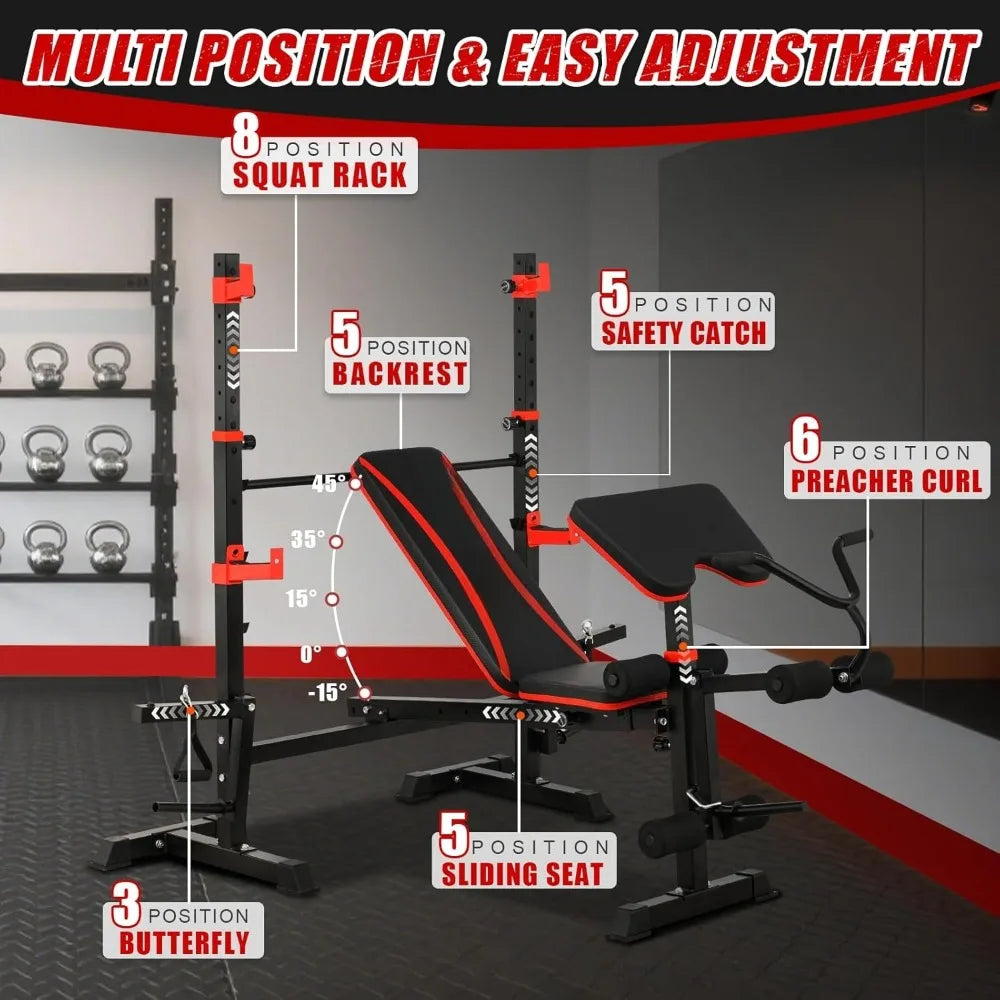 1500LBS Olympic Weight Bench Set with Leg Extension/Curl, Preacher Curl, and Barbell Rack.