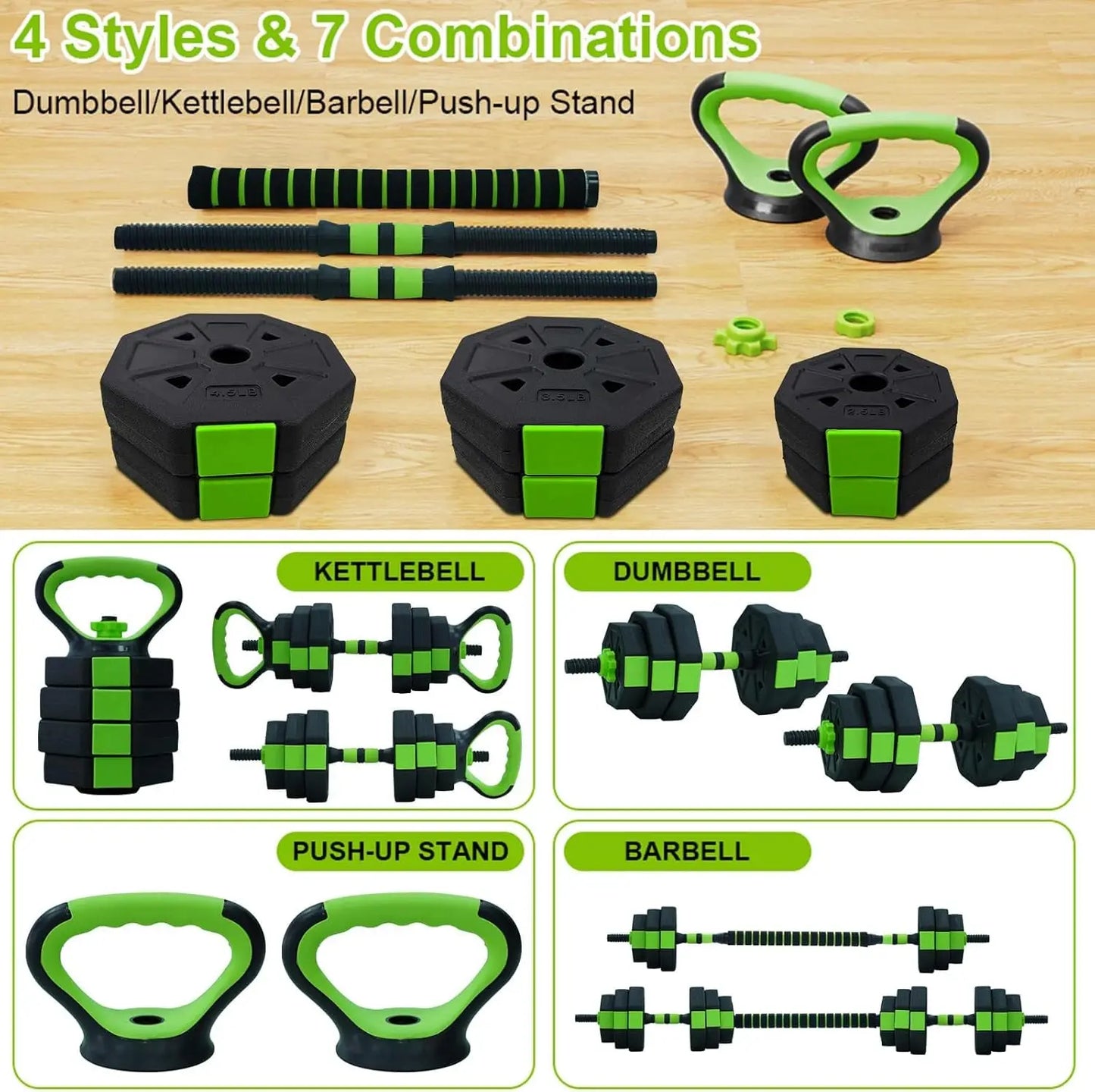 4-in-1 Adjustable Kettlebell & Dumbbell Set – 66lbs/88lbs Home Gym Weight Kit with Barbell & Push-Up Stand Functions