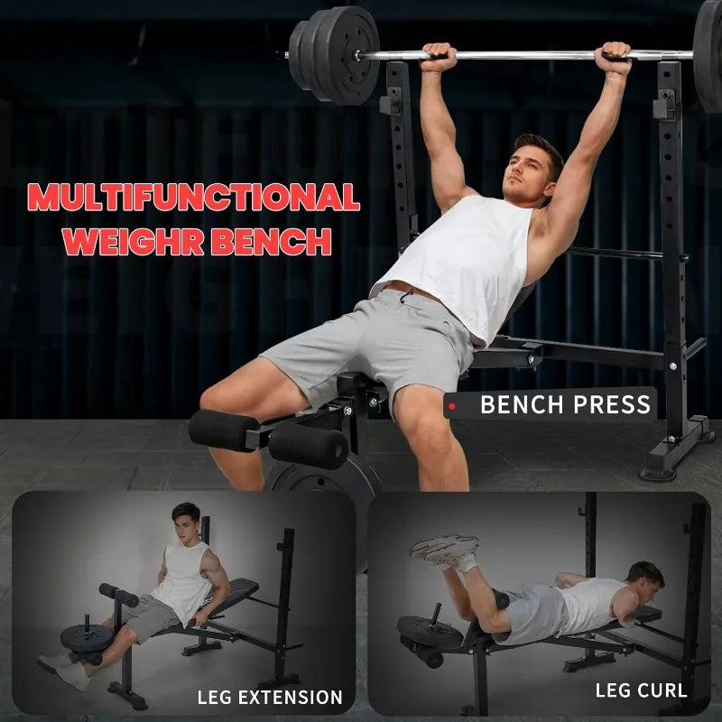 1500LBS Adjustable 6-in-1 Weight Bench Set: Leg Extension, Preacher Curl, Bench Press, & Barbell Rack with Safety Catches