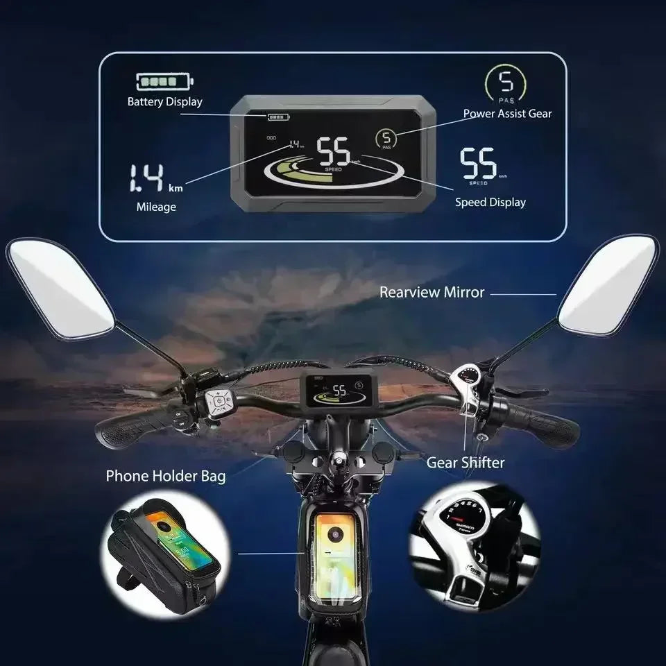 2000W Dual-Motor Fat Tire Ebike: 52V 40Ah Dual Battery, Ideal for Mountain and Motorcycle Use.
