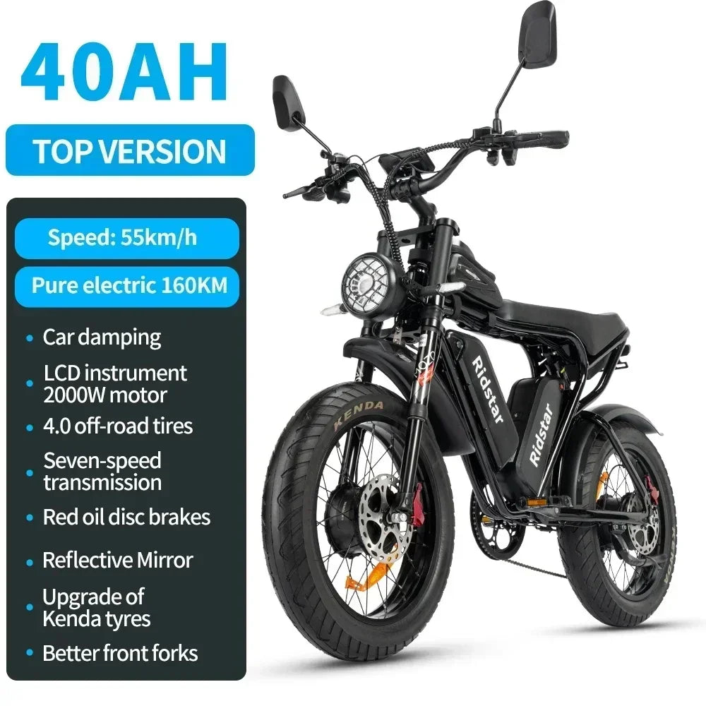 2000W Dual-Motor Fat Tire Ebike: 52V 40Ah Dual Battery, Ideal for Mountain and Motorcycle Use.