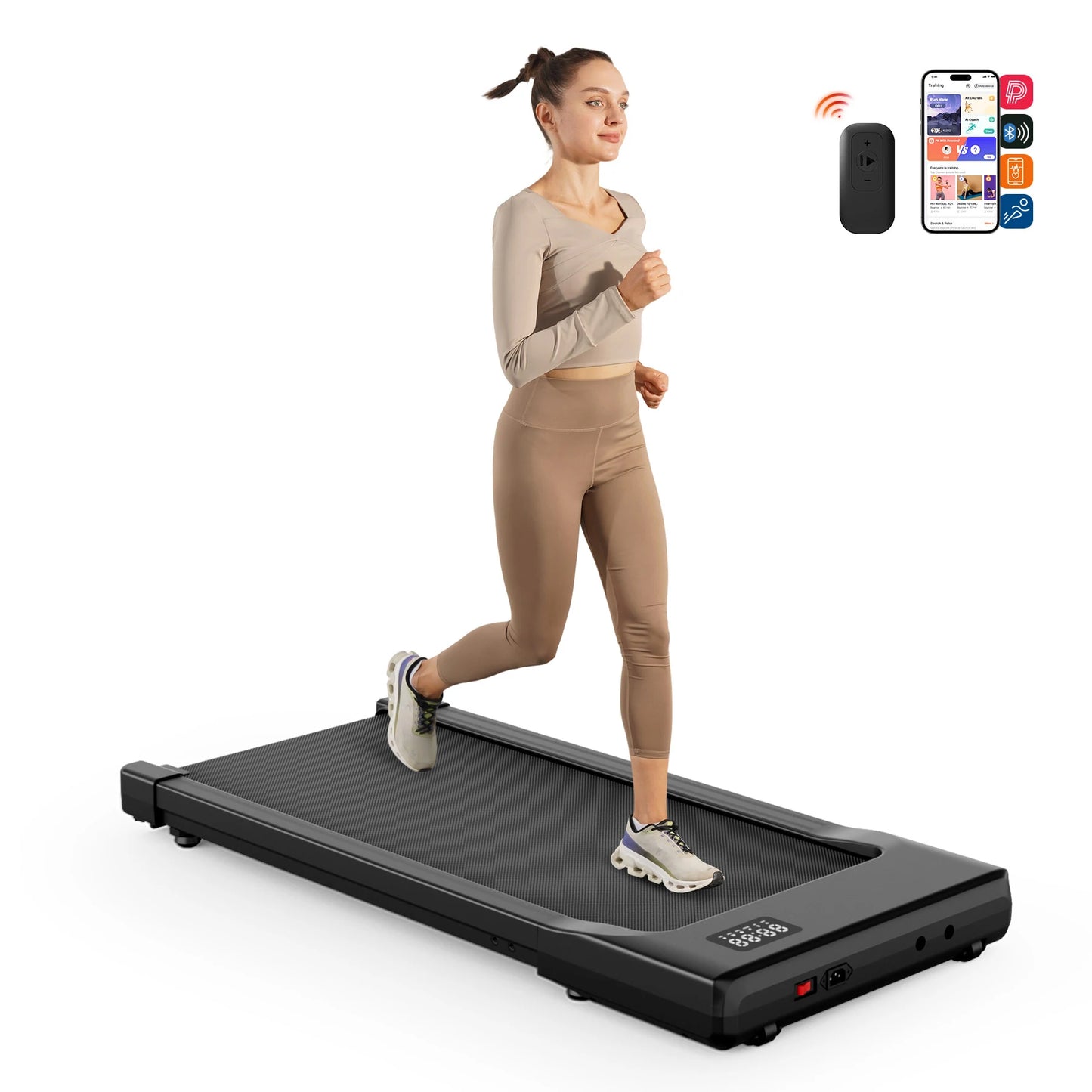 Under desk treadmill: 2.5HP motor, remote, LED display. Home/office.