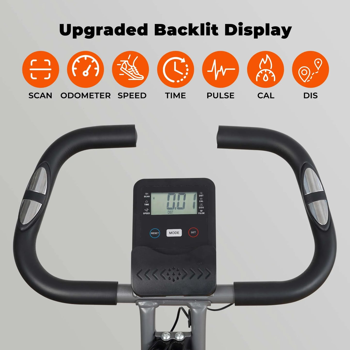 Folding exercise bike with LCD monitor, pulse sensor, recumbent seat, and arm resistance bands for indoor use