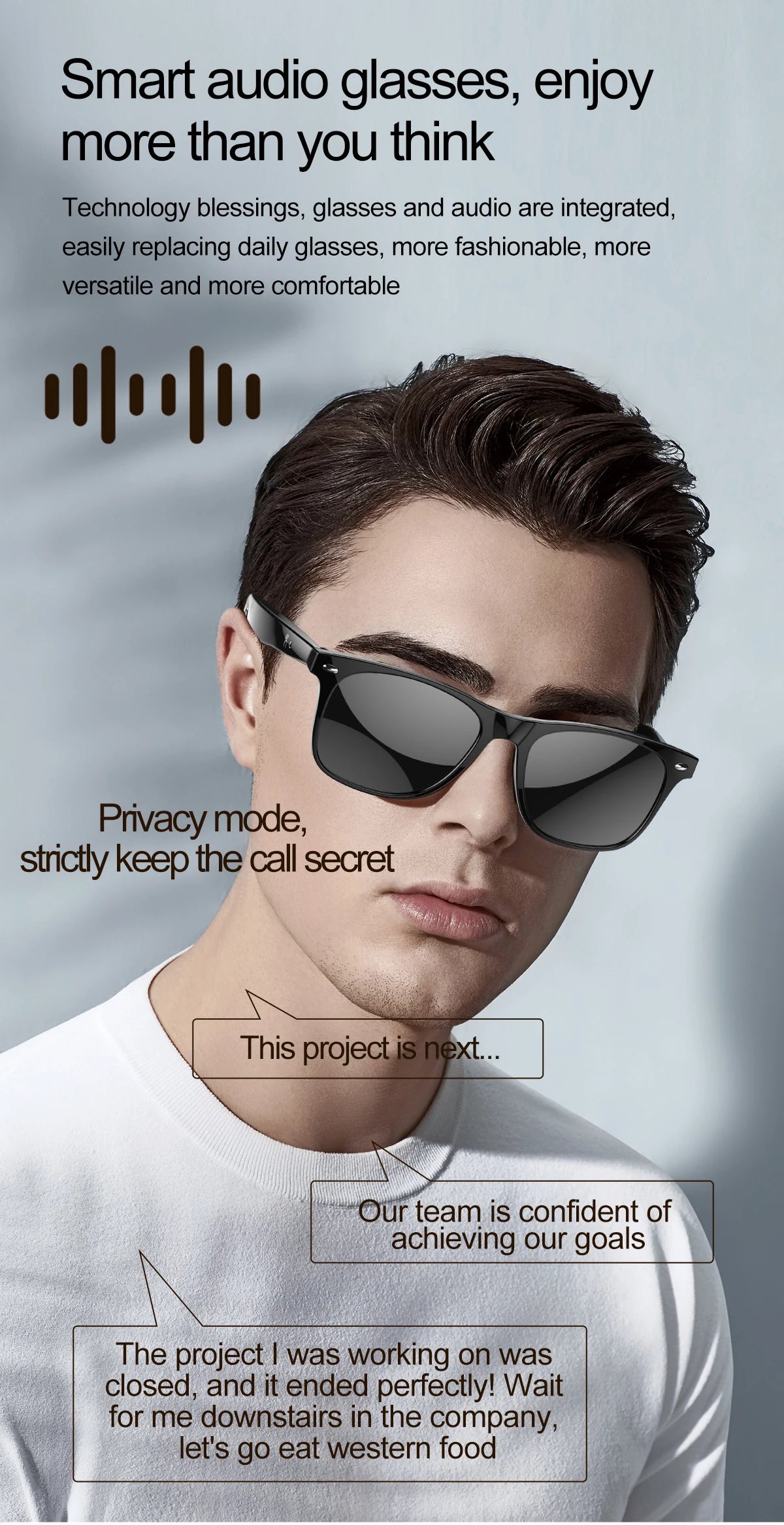 Smart Glasses: Wireless Bluetooth with Mic, Speakers, Touch Control, Voice Assistant & Translation.