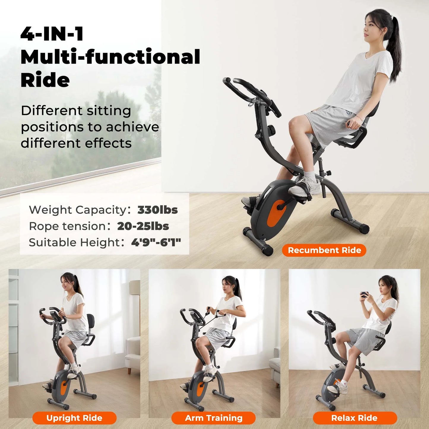 Folding exercise bike with LCD monitor, pulse sensor, recumbent seat, and arm resistance bands for indoor use