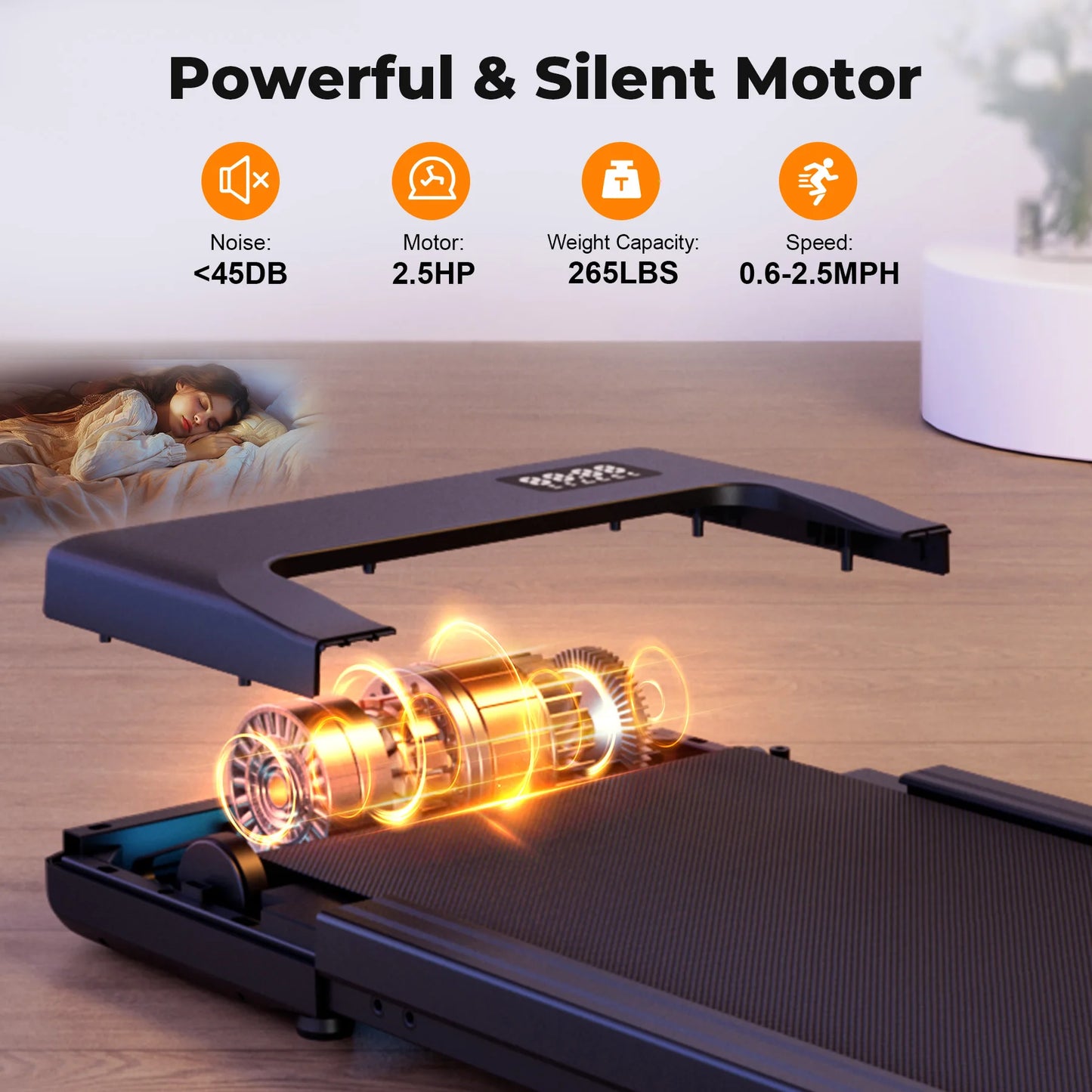 Under desk treadmill: 2.5HP motor, remote, LED display. Home/office.