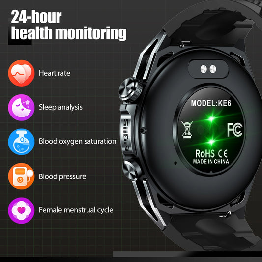 New Smart Watch KE6 1.43" AMOLED Display Men Black Sports Watch, KE Series Bluetooth, Call Health Monitor, IP68 Waterproof