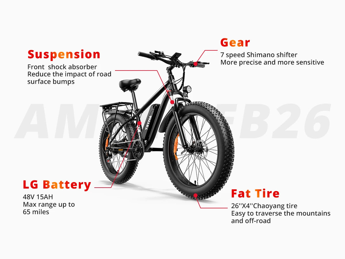 EB26 Electric Bike: 26" Fat Tire Mountain E-Bike, 1500W Peak Motor.