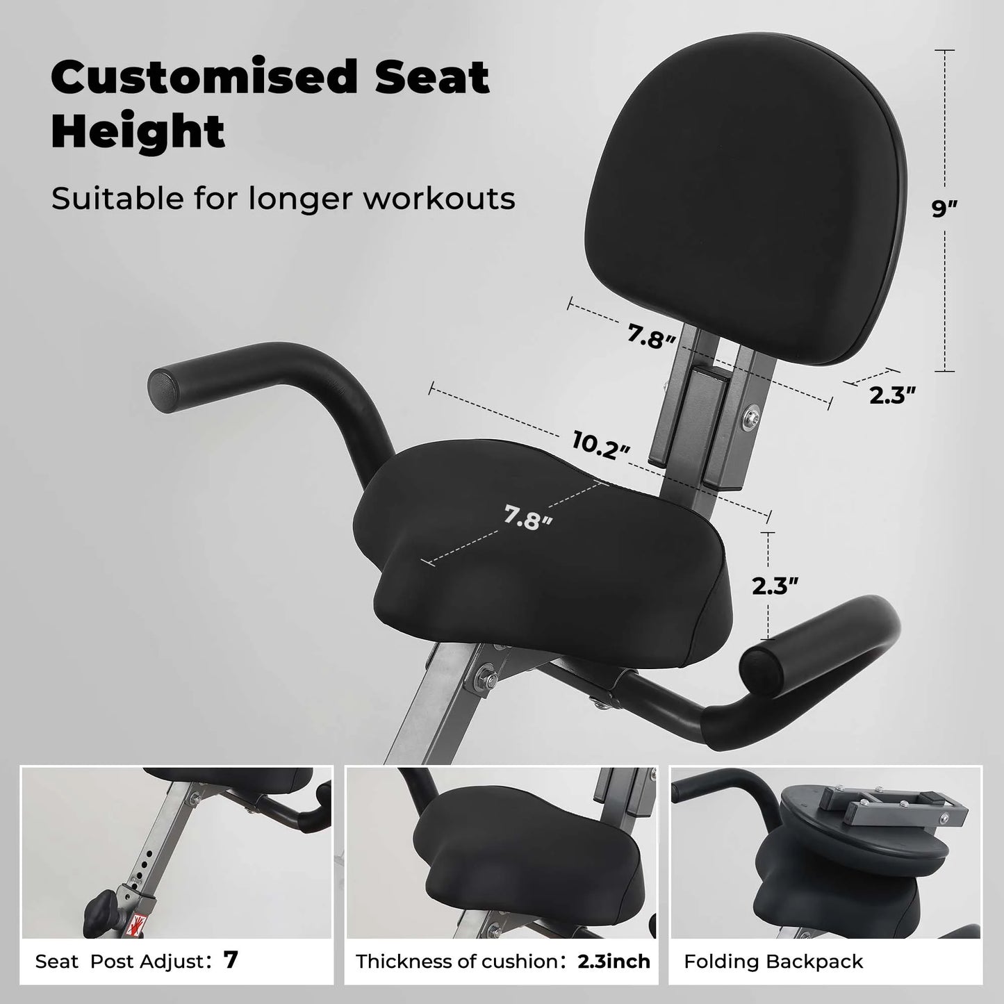 Folding exercise bike with LCD monitor, pulse sensor, recumbent seat, and arm resistance bands for indoor use