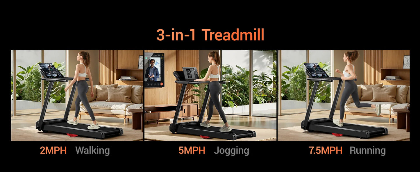 3.0HP Brushless Folding Treadmill | 300 lb Capacity | Heart Rate Monitor & Dual Shock Absorption | Cup/Phone Holder | Quiet Operation