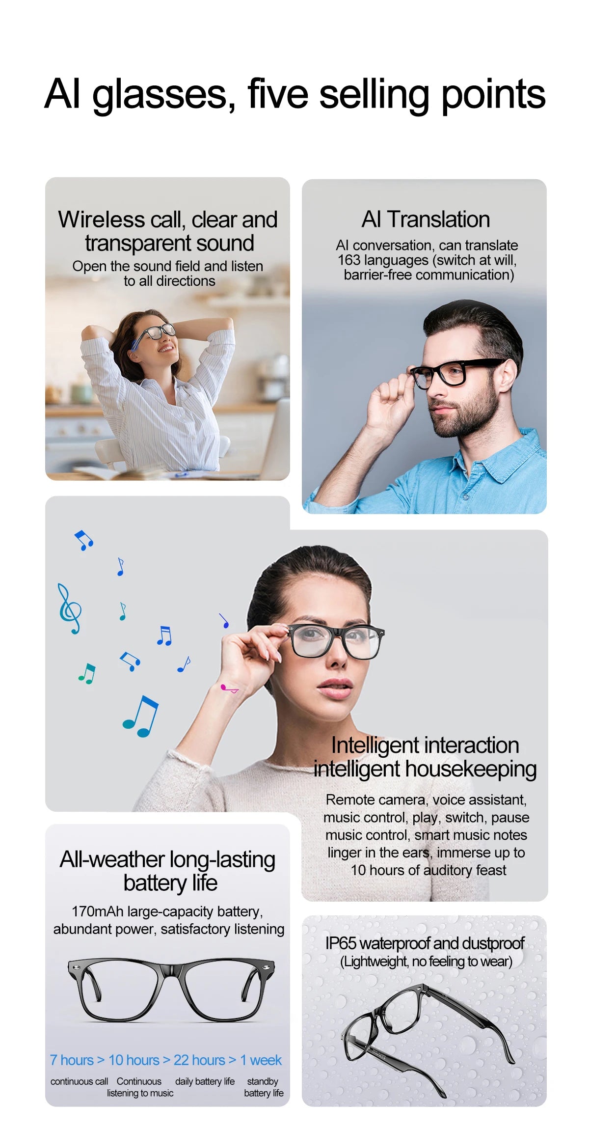 Smart Glasses: Wireless Bluetooth with Mic, Speakers, Touch Control, Voice Assistant & Translation.