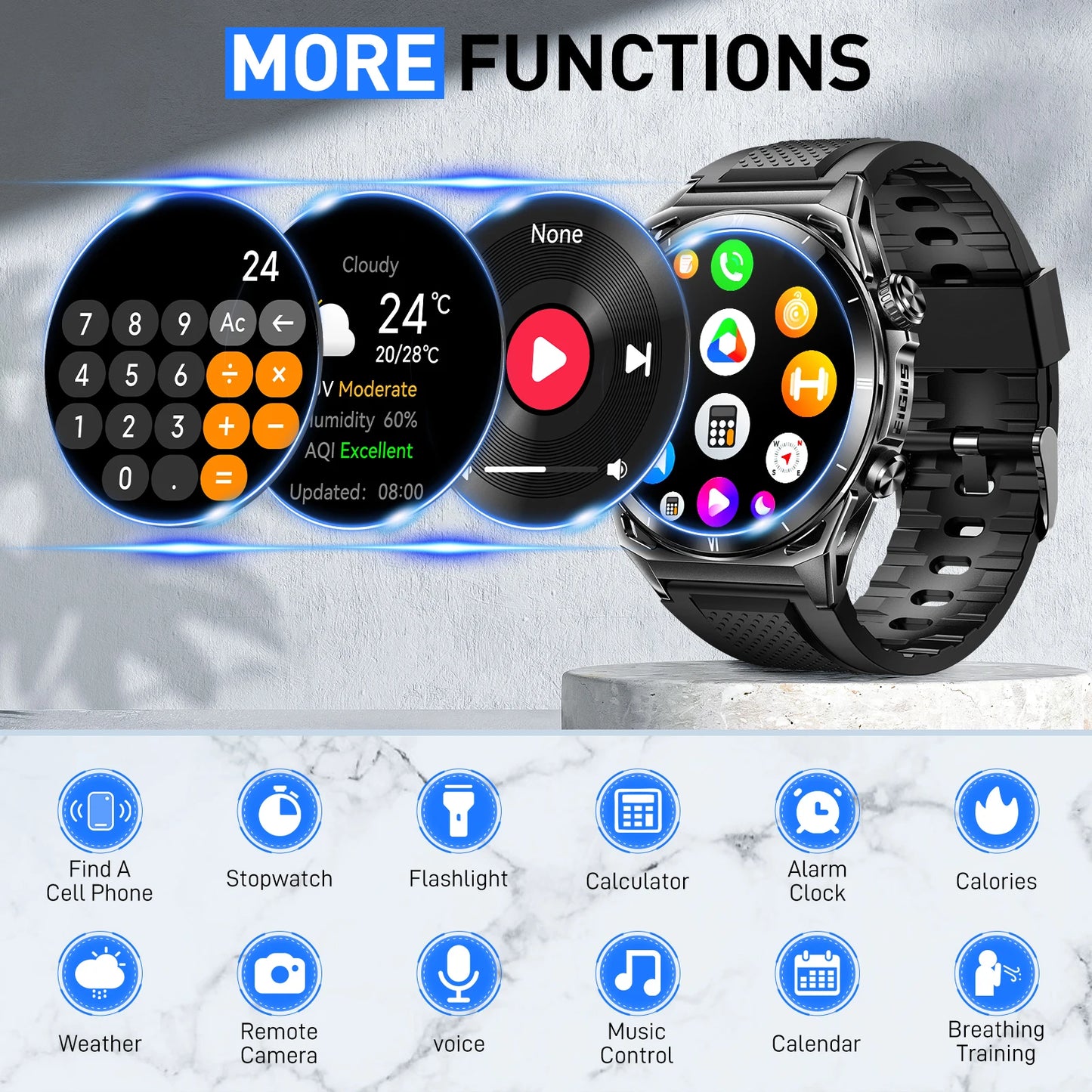 New Smart Watch KE6 1.43" AMOLED Display Men Black Sports Watch, KE Series Bluetooth, Call Health Monitor, IP68 Waterproof