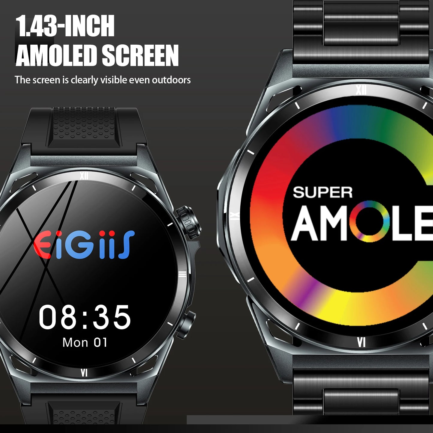 New Smart Watch KE6 1.43" AMOLED Display Men Black Sports Watch, KE Series Bluetooth, Call Health Monitor, IP68 Waterproof