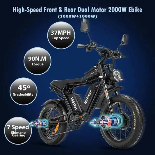 2000W Dual-Motor Fat Tire Ebike: 52V 40Ah Dual Battery, Ideal for Mountain and Motorcycle Use.