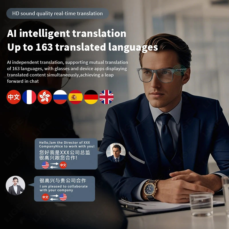Smart Glasses: Wireless Bluetooth with Mic, Speakers, Touch Control, Voice Assistant & Translation.