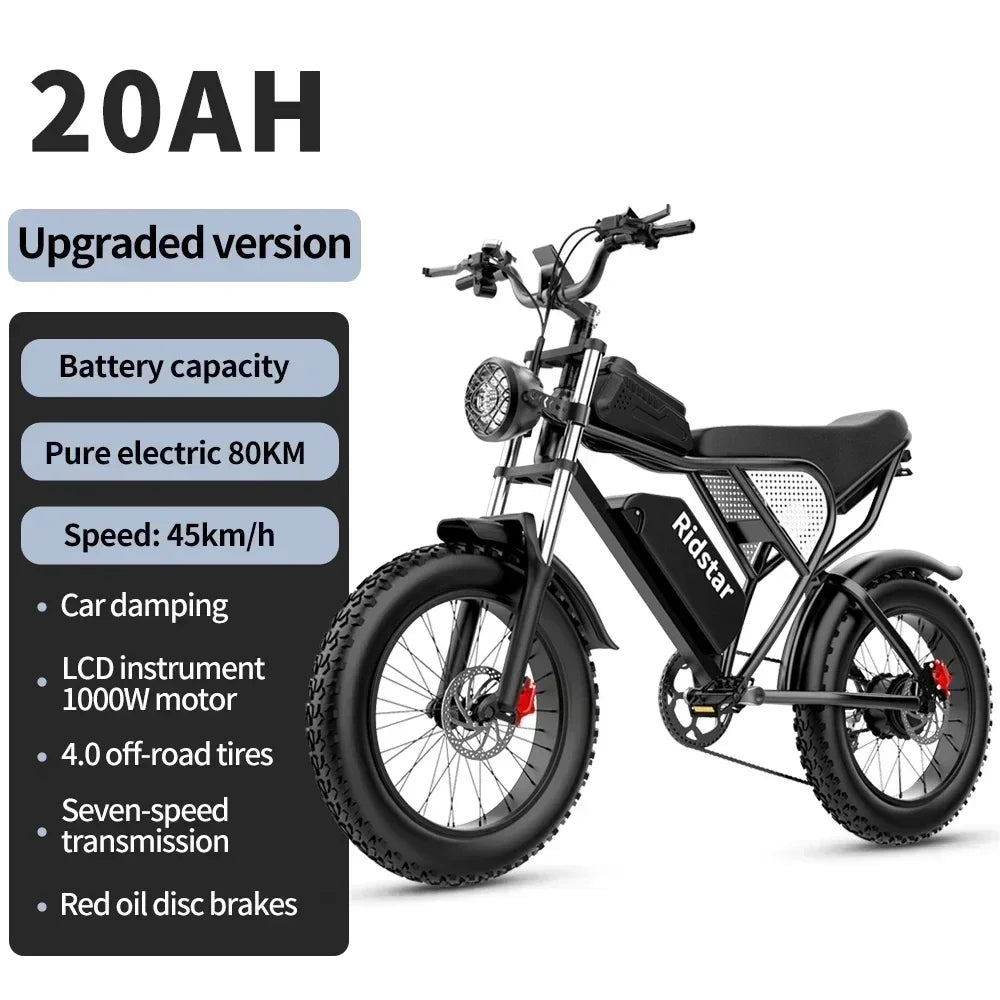 2000W Dual-Motor Fat Tire Ebike: 52V 40Ah Dual Battery, Ideal for Mountain and Motorcycle Use.