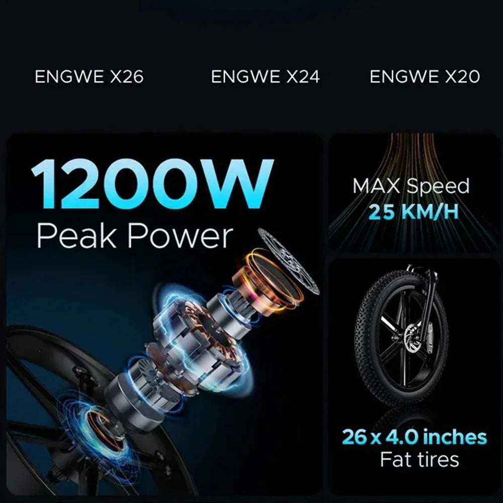 1200W 48V Folding Electric Mountain Bike – X26/X24/X20 Series, 26" Fat Tire E-Bike for Urban Commuting