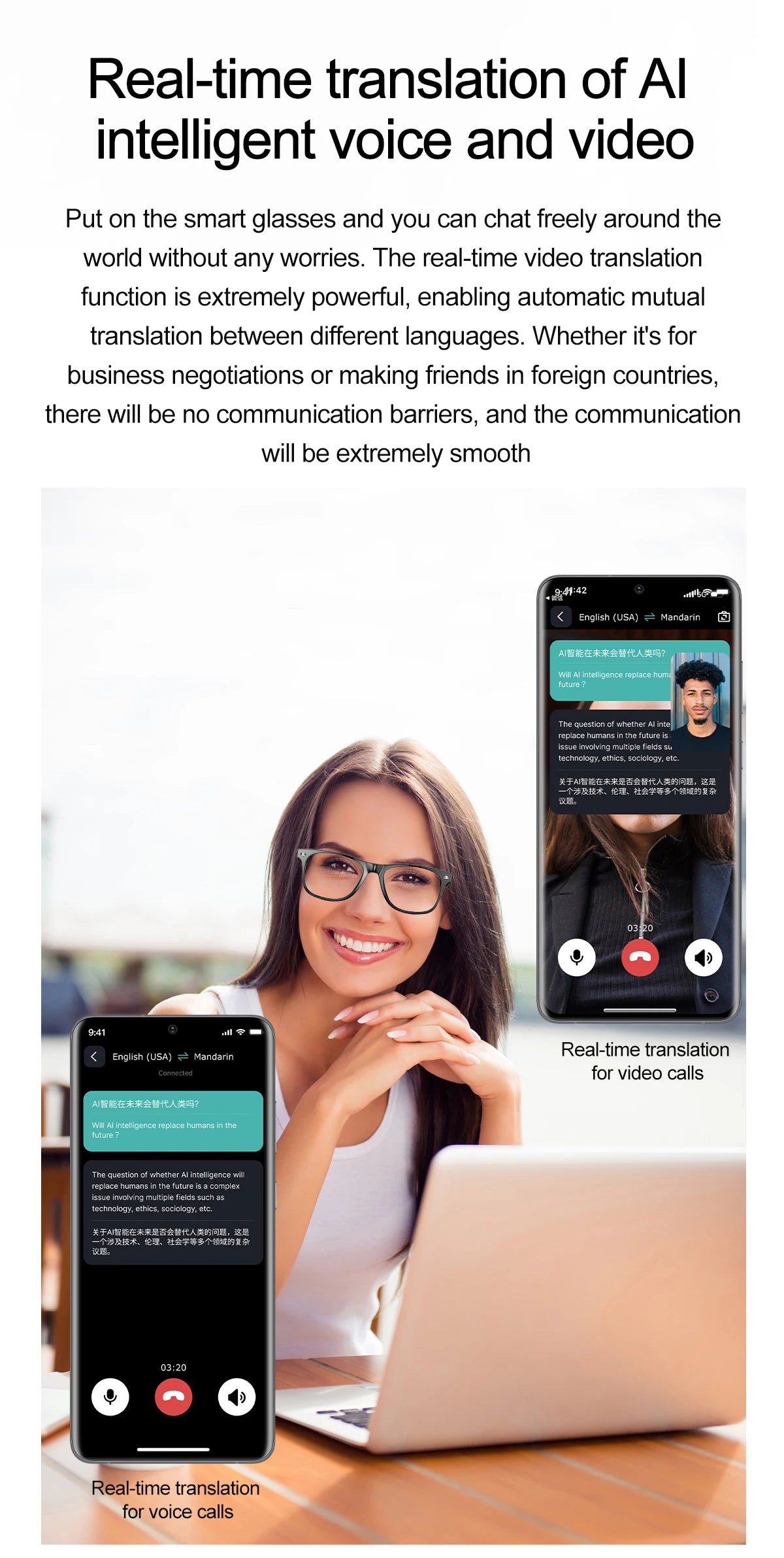 Smart Glasses: Wireless Bluetooth with Mic, Speakers, Touch Control, Voice Assistant & Translation.