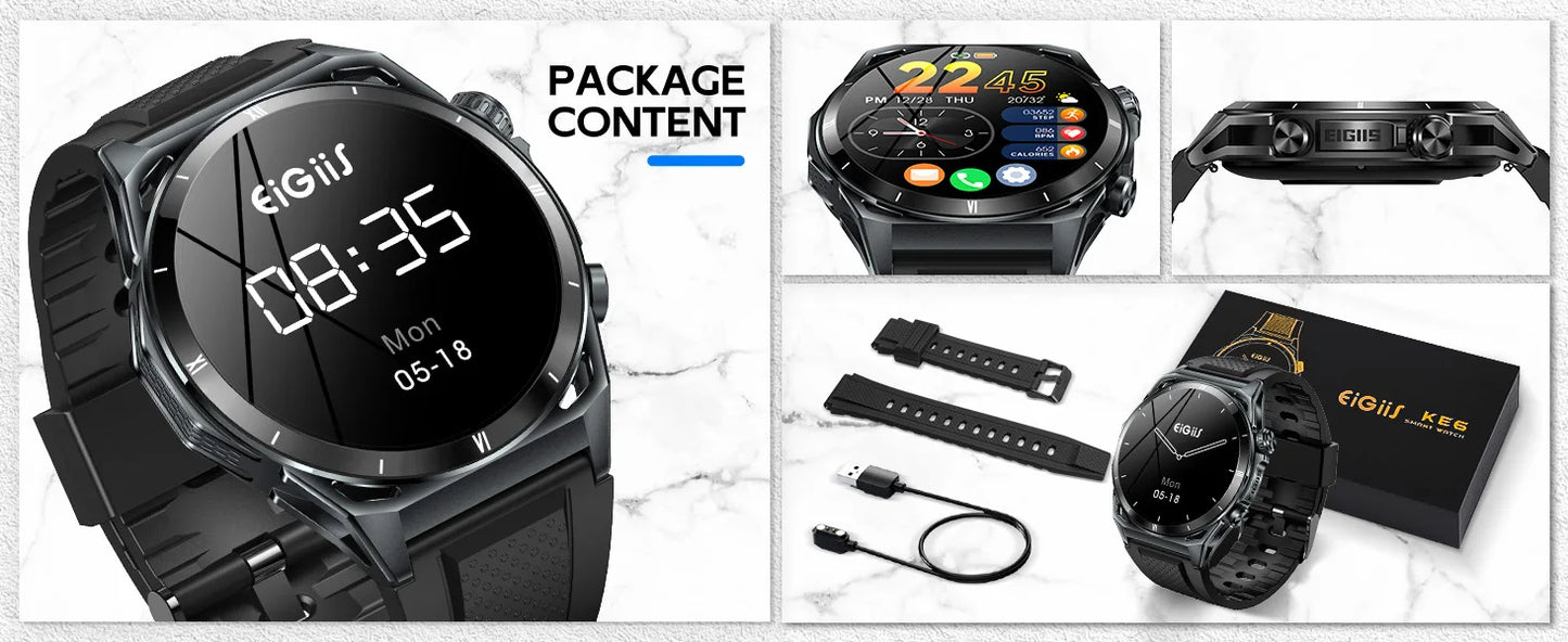 New Smart Watch KE6 1.43" AMOLED Display Men Black Sports Watch, KE Series Bluetooth, Call Health Monitor, IP68 Waterproof
