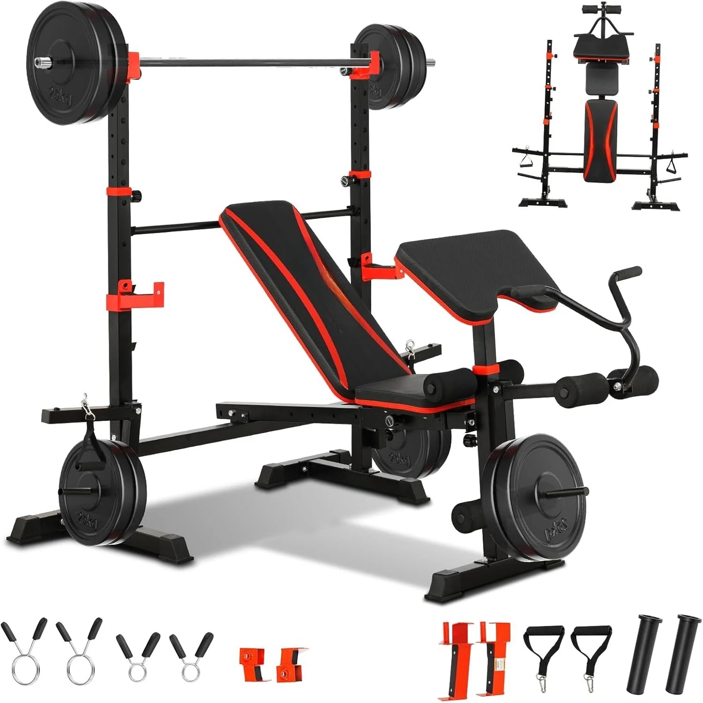 1500LBS Olympic Weight Bench Set with Leg Extension/Curl, Preacher Curl, and Barbell Rack.