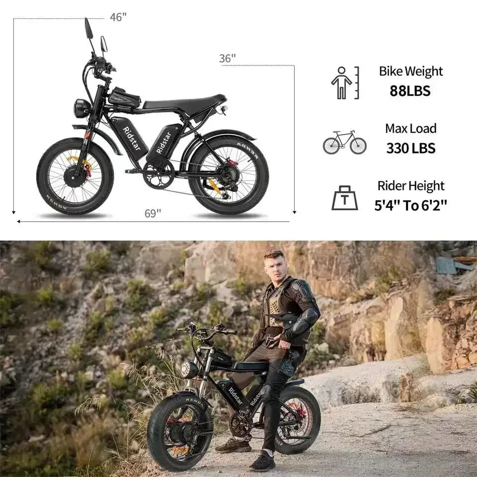 2000W Dual-Motor Fat Tire Ebike: 52V 40Ah Dual Battery, Ideal for Mountain and Motorcycle Use.