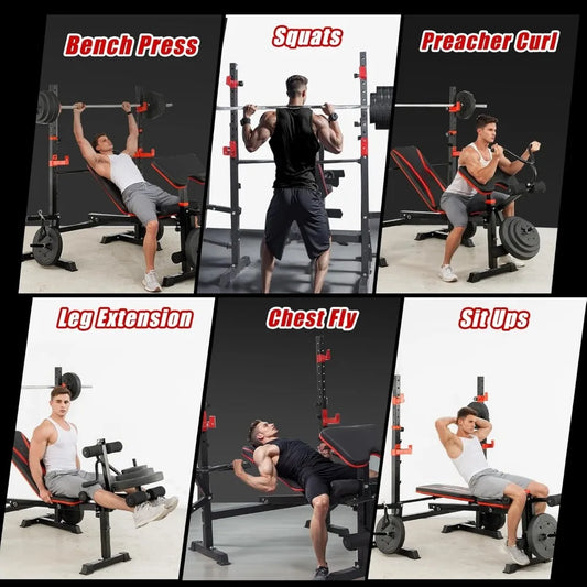 1500LBS Olympic Weight Bench Set with Leg Extension/Curl, Preacher Curl, and Barbell Rack.