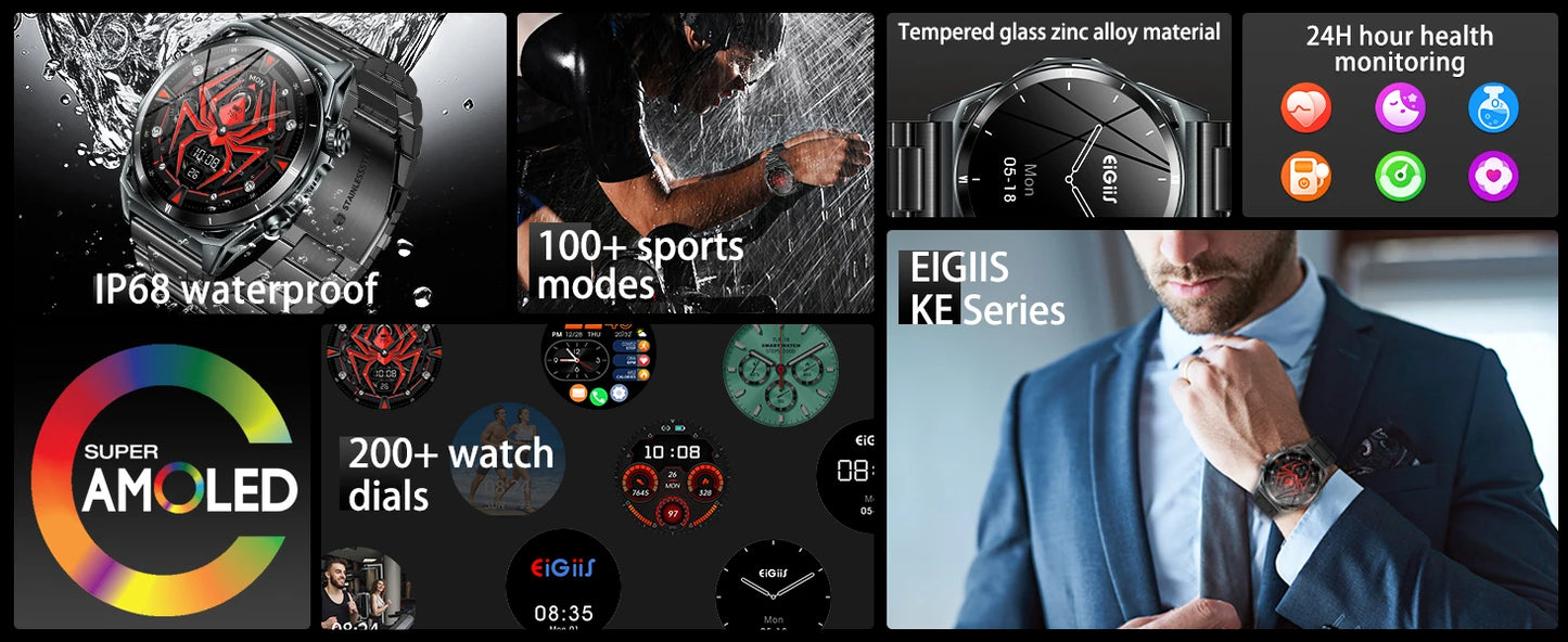 New Smart Watch KE6 1.43" AMOLED Display Men Black Sports Watch, KE Series Bluetooth, Call Health Monitor, IP68 Waterproof