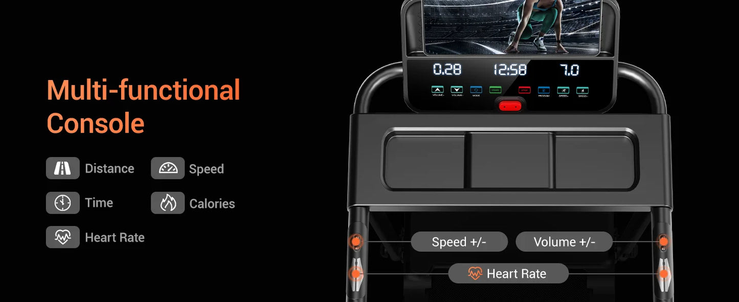 3.0HP Brushless Folding Treadmill | 300 lb Capacity | Heart Rate Monitor & Dual Shock Absorption | Cup/Phone Holder | Quiet Operation
