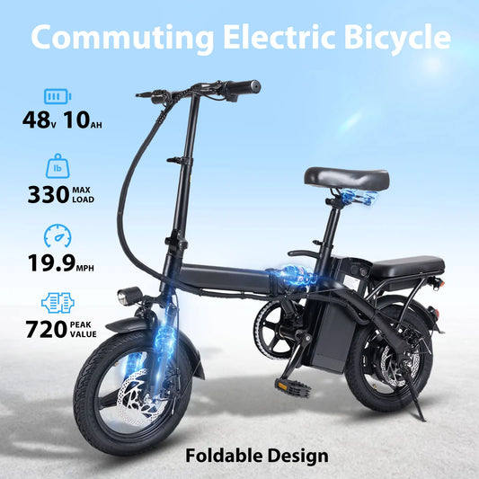 Adult folding basket electric bicycle, 400W high-speed 48V detachable battery, 14 inch front and rear double brake electric bicy