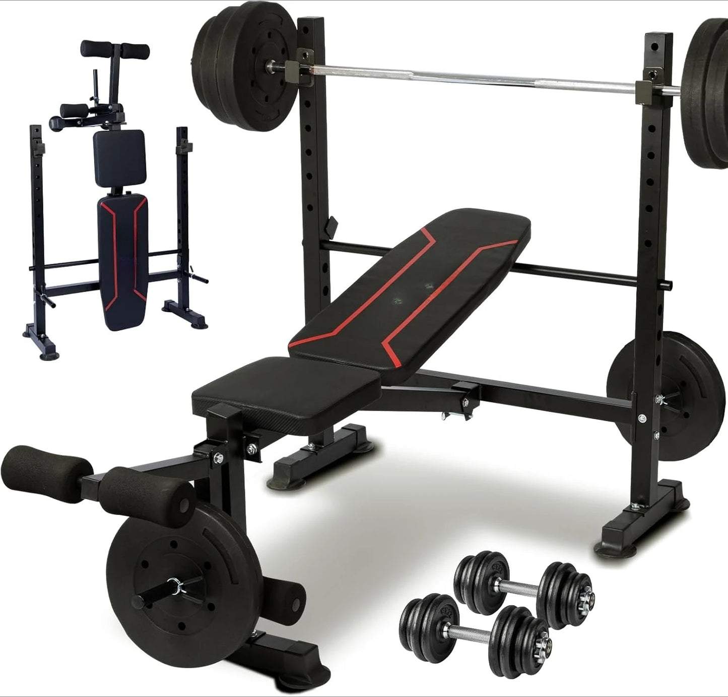 1500LBS Olympic Weight Bench Set with Leg Extension/Curl, Preacher Curl, and Barbell Rack.
