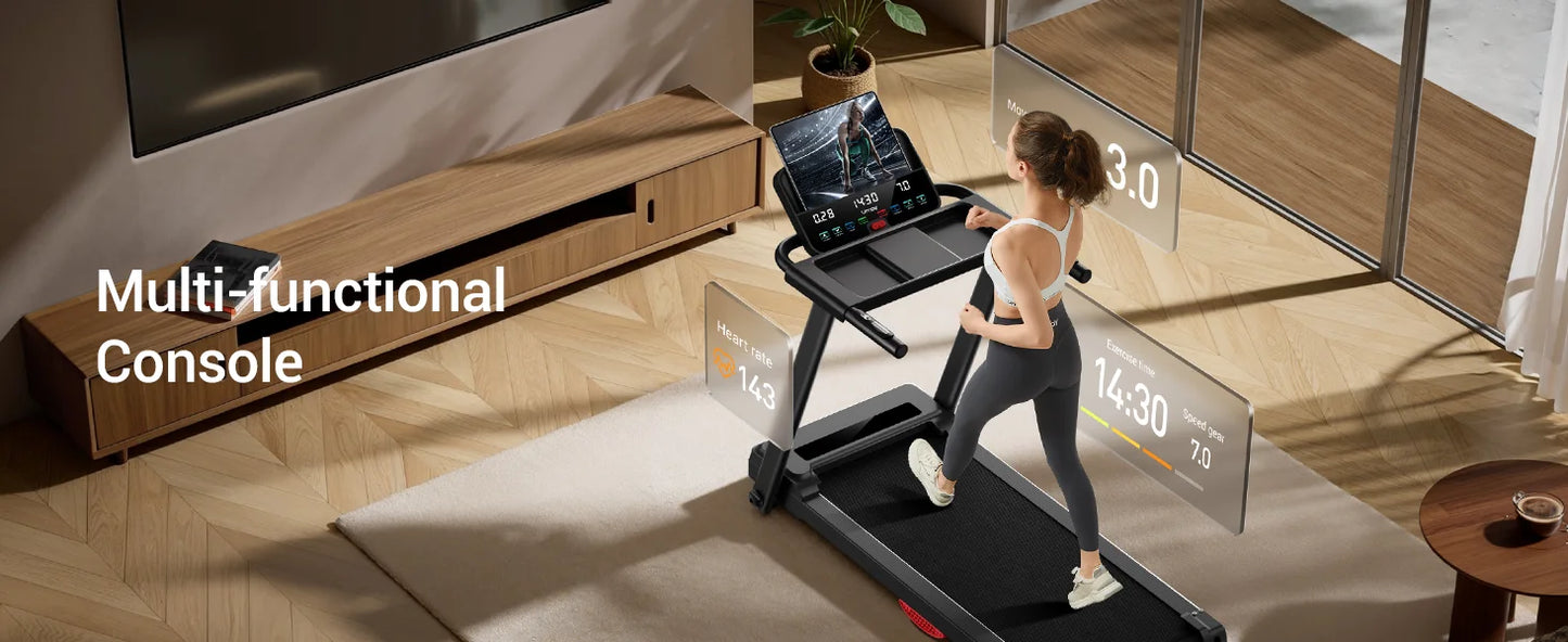 3.0HP Brushless Folding Treadmill | 300 lb Capacity | Heart Rate Monitor & Dual Shock Absorption | Cup/Phone Holder | Quiet Operation
