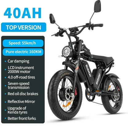 2000W Dual-Motor Fat Tire Ebike: 52V 40Ah Dual Battery, Ideal for Mountain and Motorcycle Use.