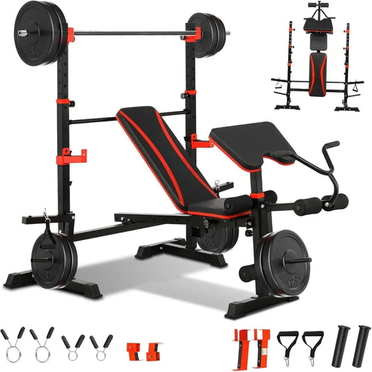 1500LBS Olympic Weight Bench Set with Leg Extension/Curl, Preacher Curl, and Barbell Rack.