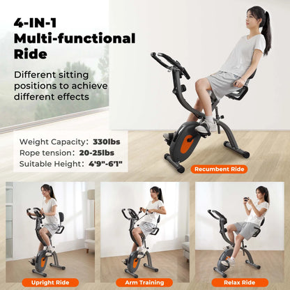 Folding exercise bike with LCD monitor, pulse sensor, recumbent seat, and arm resistance bands for indoor use