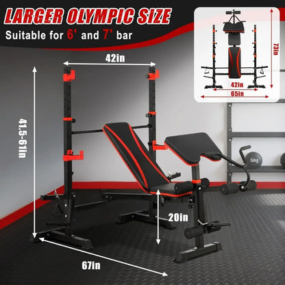 1500LBS Olympic Weight Bench Set with Leg Extension/Curl, Preacher Curl, and Barbell Rack.