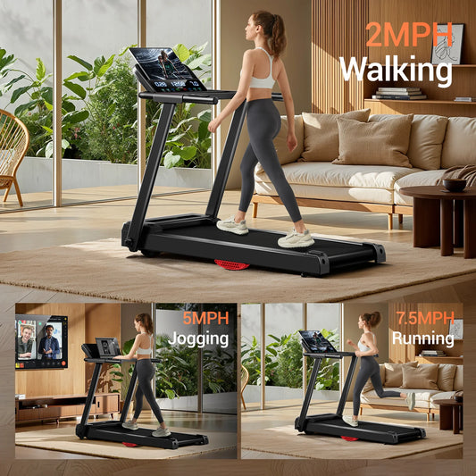 3.0HP Brushless Folding Treadmill | 300 lb Capacity | Heart Rate Monitor & Dual Shock Absorption | Cup/Phone Holder | Quiet Operation