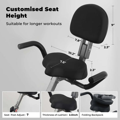 Folding exercise bike with LCD monitor, pulse sensor, recumbent seat, and arm resistance bands for indoor use
