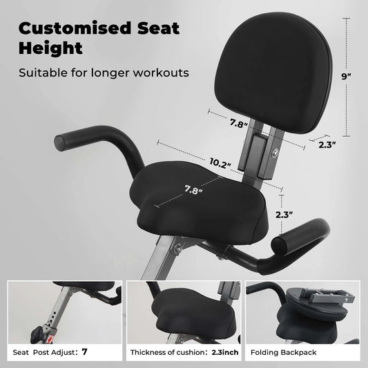 Folding exercise bike with LCD monitor, pulse sensor, recumbent seat, and arm resistance bands for indoor use