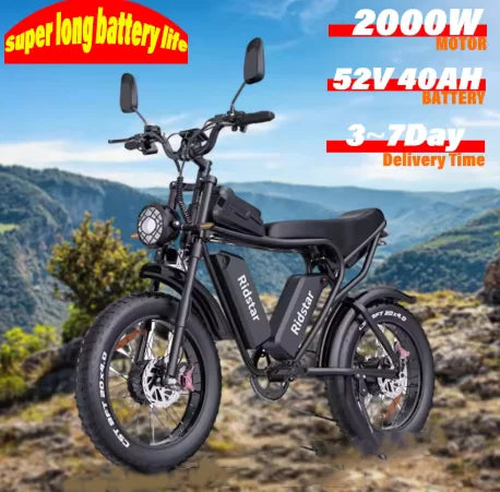 2000W Dual-Motor Fat Tire Ebike: 52V 40Ah Dual Battery, Ideal for Mountain and Motorcycle Use.