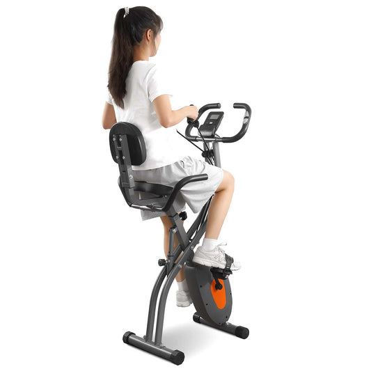 Folding exercise bike with LCD monitor, pulse sensor, recumbent seat, and arm resistance bands for indoor use