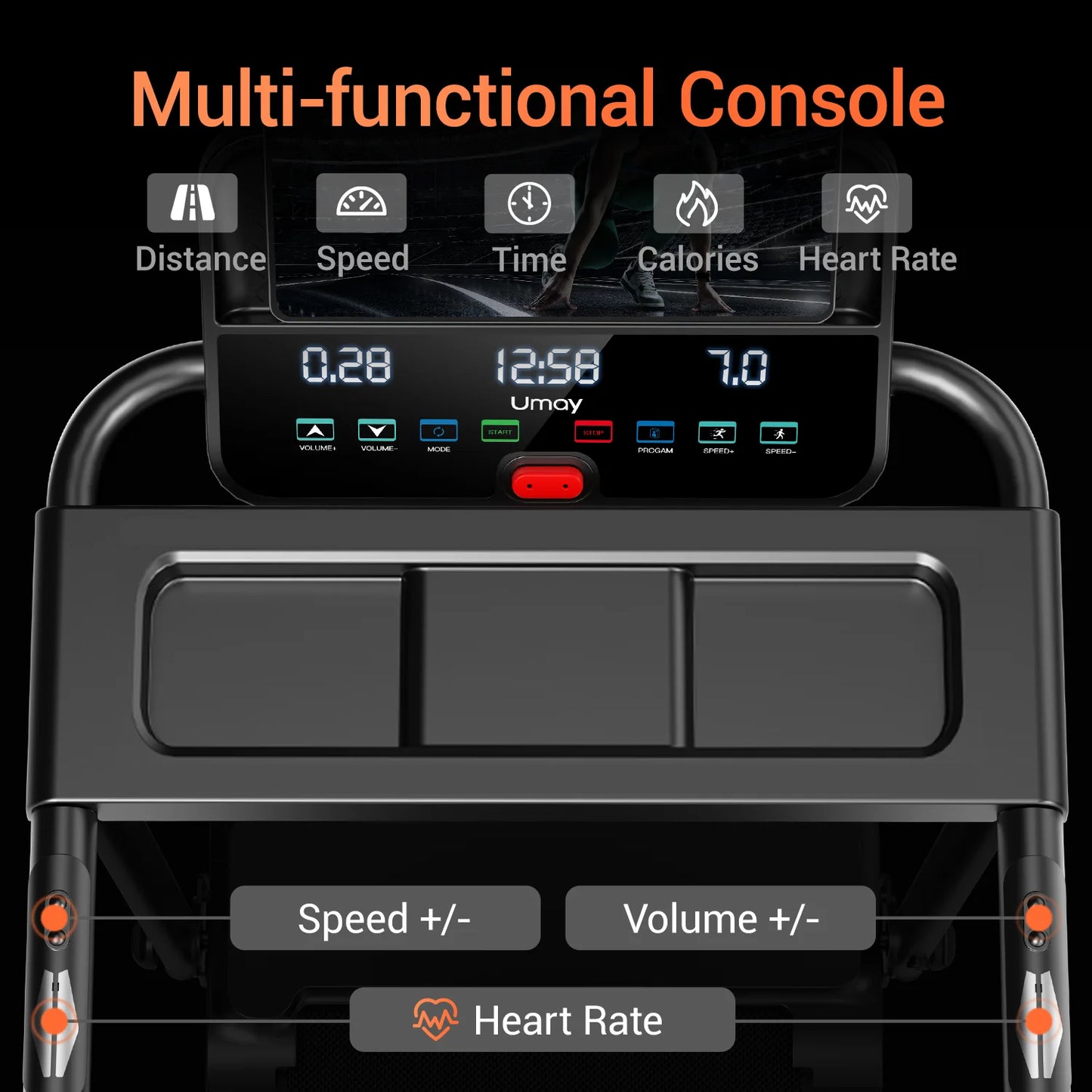 3.0HP Brushless Folding Treadmill | 300 lb Capacity | Heart Rate Monitor & Dual Shock Absorption | Cup/Phone Holder | Quiet Operation