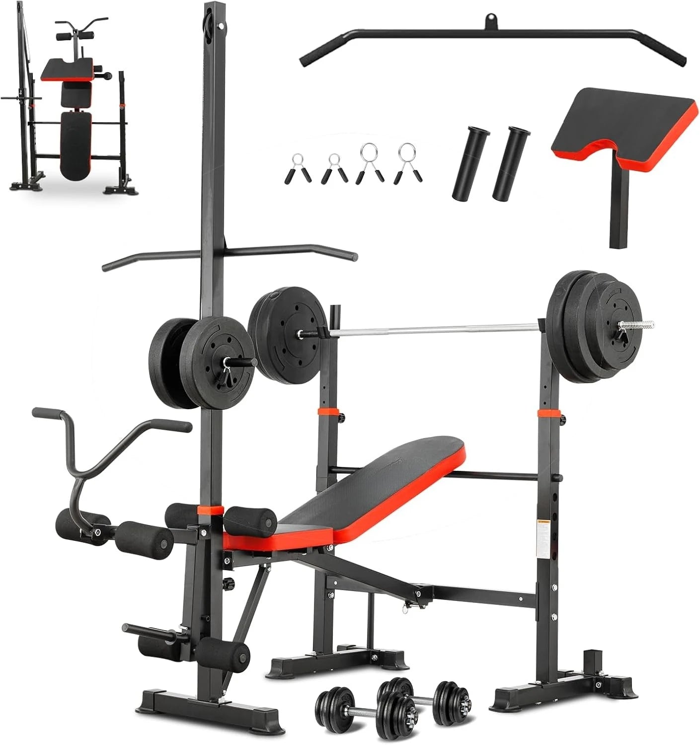 1500LBS Olympic Weight Bench Set with Leg Extension/Curl, Preacher Curl, and Barbell Rack.