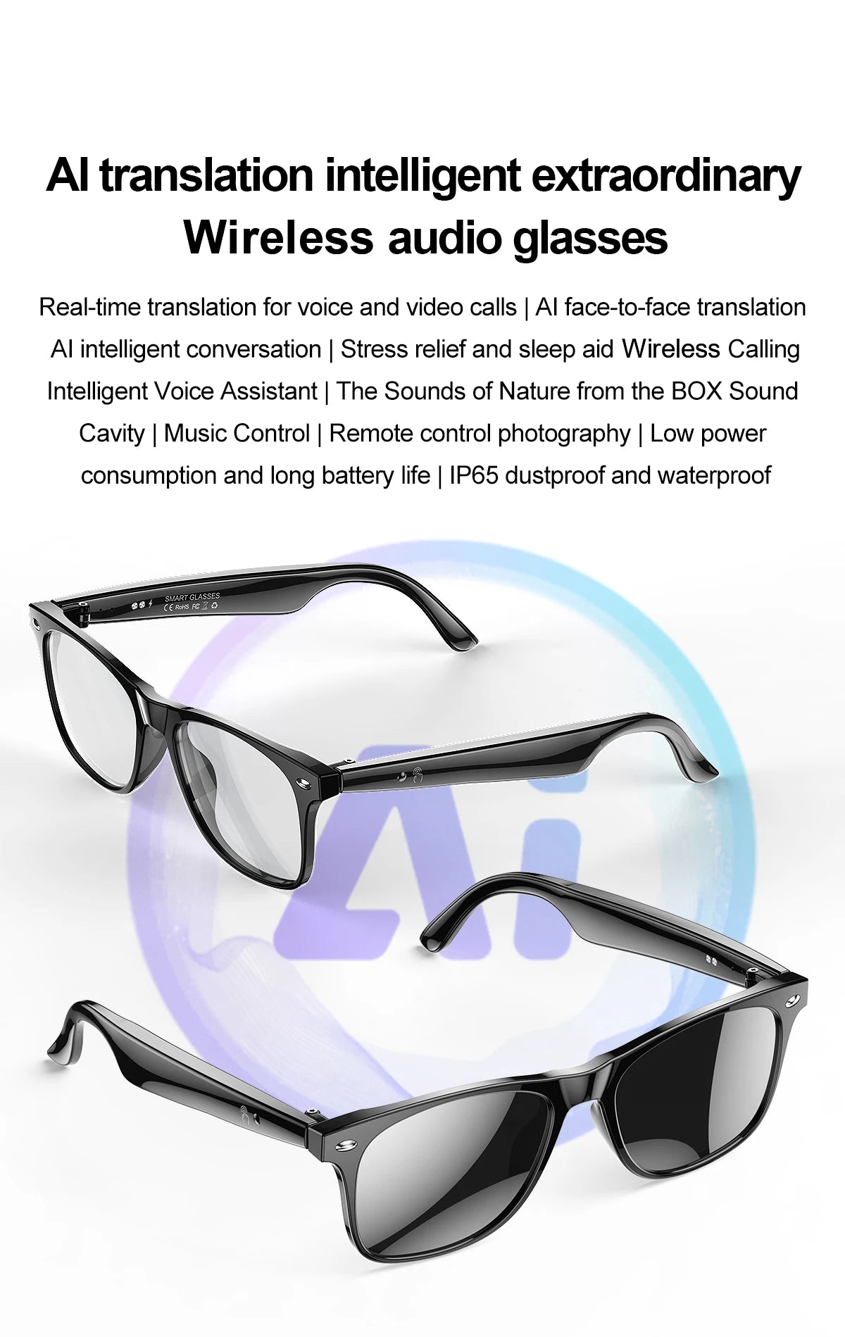 Smart Glasses: Wireless Bluetooth with Mic, Speakers, Touch Control, Voice Assistant & Translation.