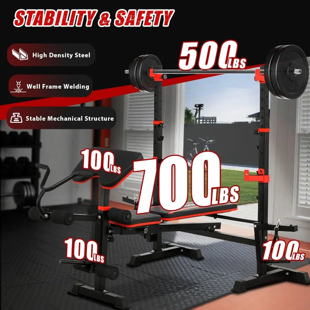 1500LBS Olympic Weight Bench Set with Leg Extension/Curl, Preacher Curl, and Barbell Rack.